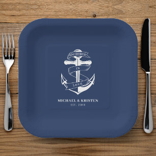 Assiettes En Carton Ancré en amour Nautique Bleu Ancre Mariage