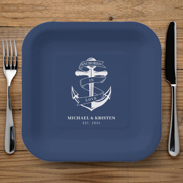 Assiettes En Carton Ancré en amour Nautique Bleu Ancre Mariage (Anchored in Love Nautical Blue Anchor Wedding Paper Plates
)