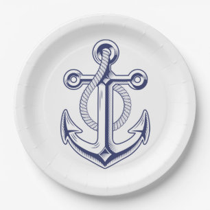 Assiettes En Carton Ancre Marine Marine Bleu Mariage nautique