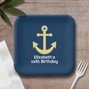 Assiettes En Carton Ancre nautique avec Motif de Navy Jaune Chevron