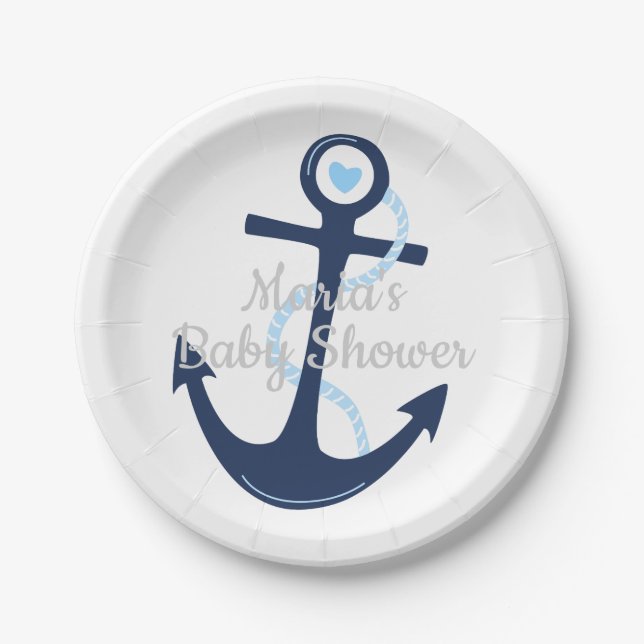 Assiettes En Carton Ancre nautique Bleu Gris Baby shower Garçon Plaque (Devant)