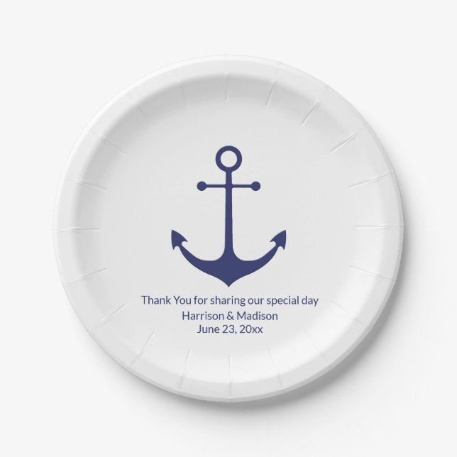 Assiettes En Carton ancre nautique mariage marine bleu blanc (Devant)