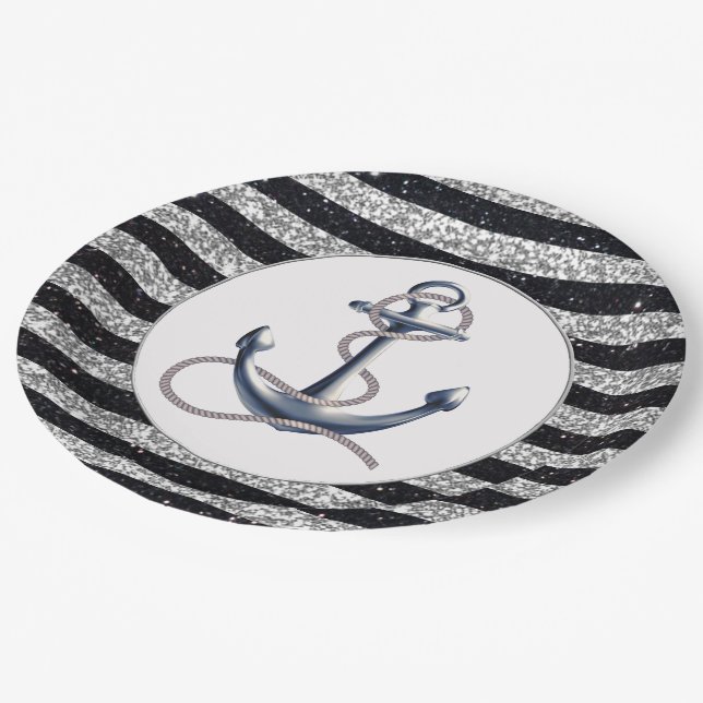 Assiettes En Carton Ancre nautique Mariage Silver Black Stripes (Angle)