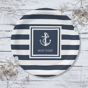 Assiettes En Carton Ancre nautique Nom du bateau Marine Blue Stried