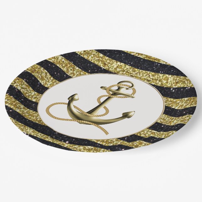 Assiettes En Carton Ancre nautique Plaques de Mariage Black Stripes Or (Angle)
