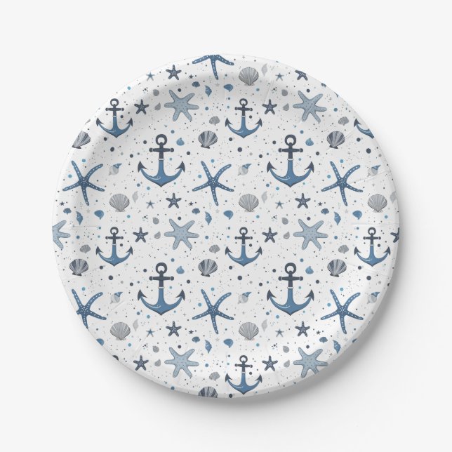 Assiettes En Carton Ancre nautique Starfish Beach Thème Plaques papier (Devant)