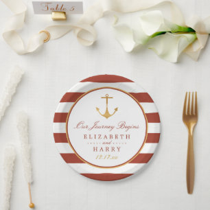 Assiettes En Carton Ancre or nautique, brique rouge et Mariage or