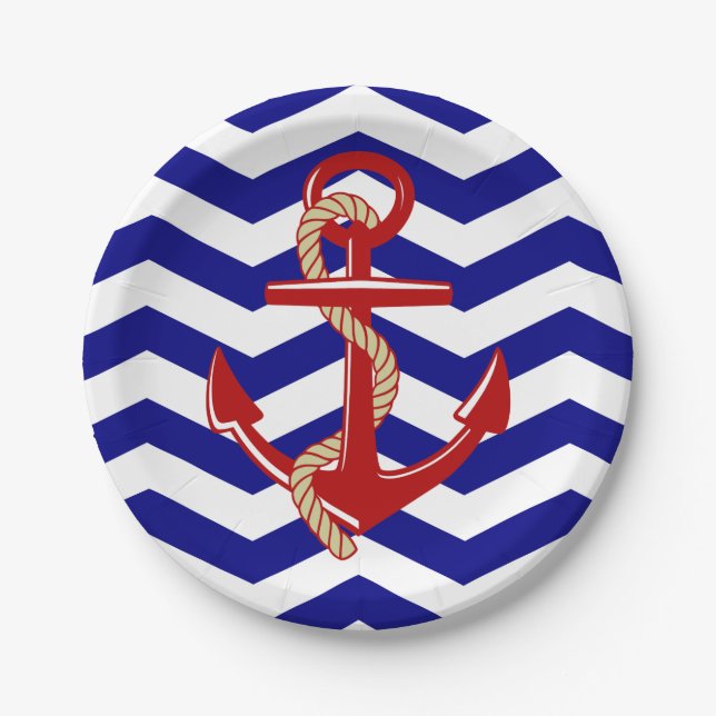 Assiettes En Carton Ancre rouge Chevron Nautical Stripes (Devant)