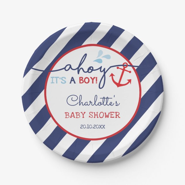 Assiettes En Carton Ancre rouge de la marine moderne Ahoy Baby Boy (Devant)