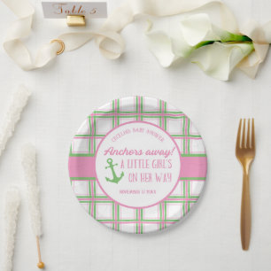 Assiettes En Carton Ancres Éloignées Fille Baby shower nautique