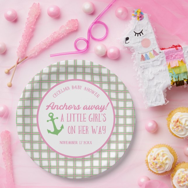 Assiettes En Carton Ancres Éloignées Fille Baby shower nautique (Fête)