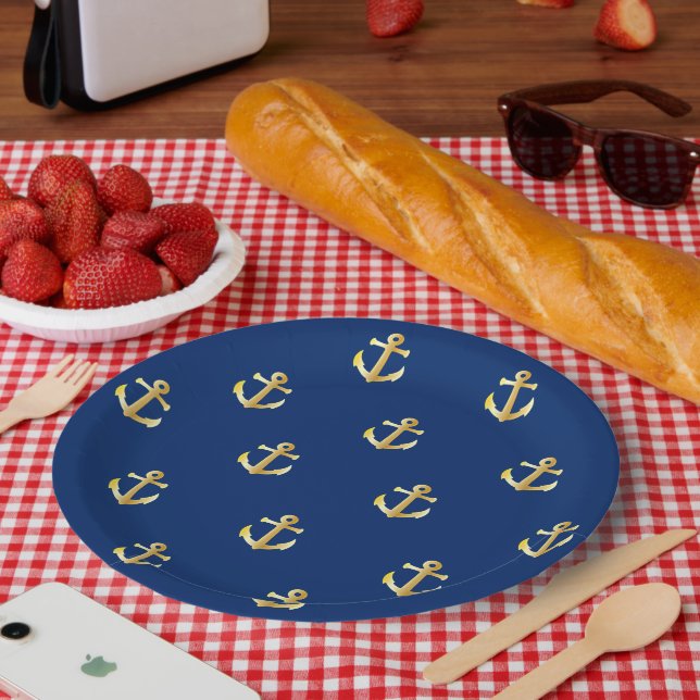 Assiettes En Carton Ancres Nautiques Jaune Chic Or Motif Sur Bleu (Pique-nique)
