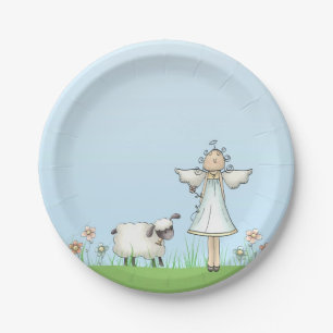Assiettes En Carton Ange de fille et agneau, bleu, religieux
