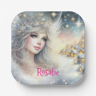 Assiettes En Carton Ange de neige givré éthéré aquarelle blanche festi