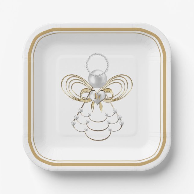Assiettes En Carton Ange de Noël de la Joy Pearls Gold Filigree (Recto)