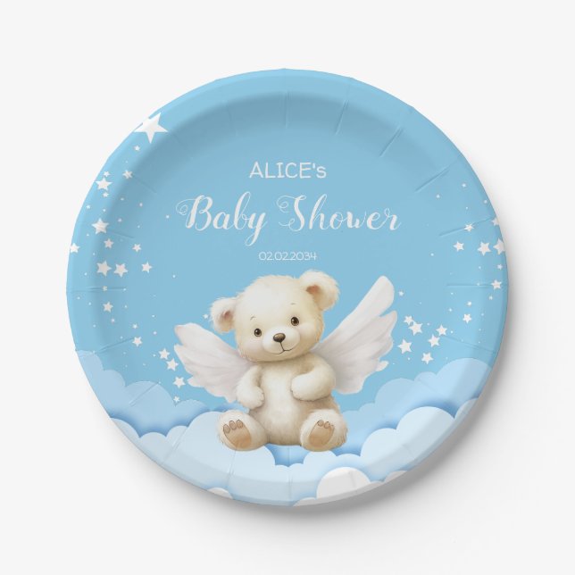 Assiettes En Carton Ange Teddy Ours sur nuages Bébé Bleu (Devant)