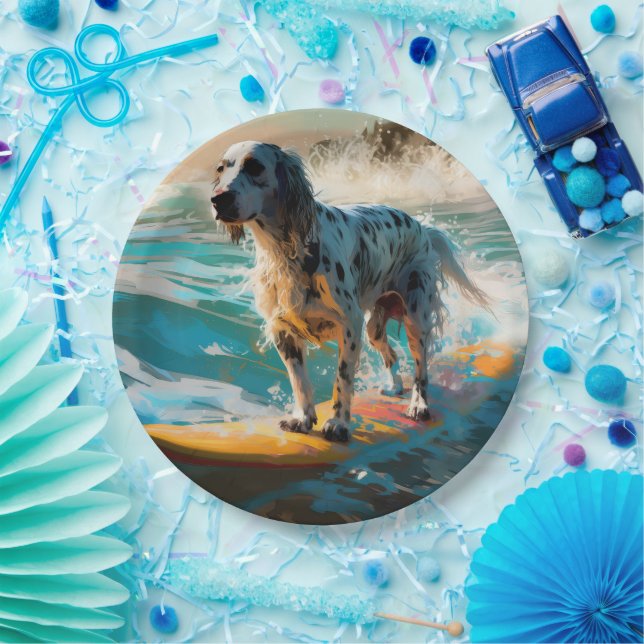 Assiettes En Carton Anglais Setter Beach Surfing Painting (Fête)