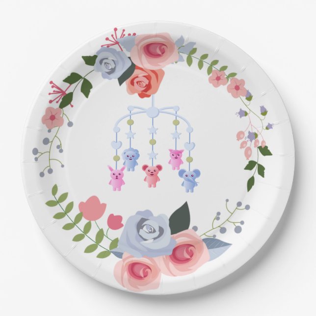 Assiettes En Carton Animal Baby Mobile Baby shower floral (Devant)