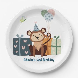 Assiettes En Carton Animal de fête, Singe avec cadeaux et ballon