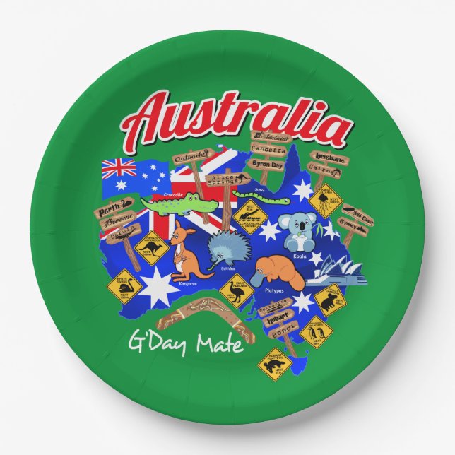Assiettes En Carton Animaux australiens et emplacements (Devant)