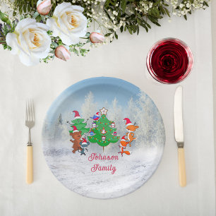 Assiettes En Carton Animaux caricaturaux dansant autour de l'arbre de 