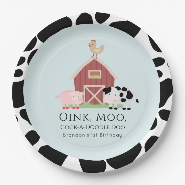 Assiettes En Carton Animaux de ferme Barnyard Blue Boy Anniversaire (Devant)