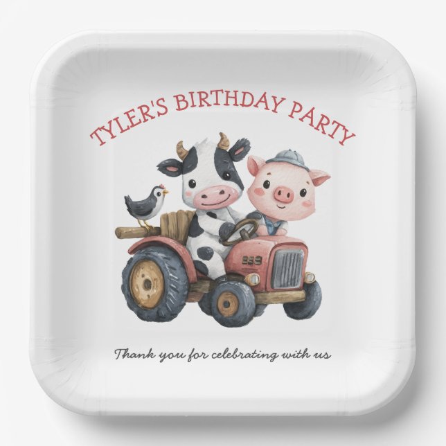 Assiettes En Carton Animaux de ferme mignons Vache de porc fête d'anni (Recto)