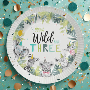 Assiettes En Carton Animaux de fête Safari Jeune sauvage et trois Anni