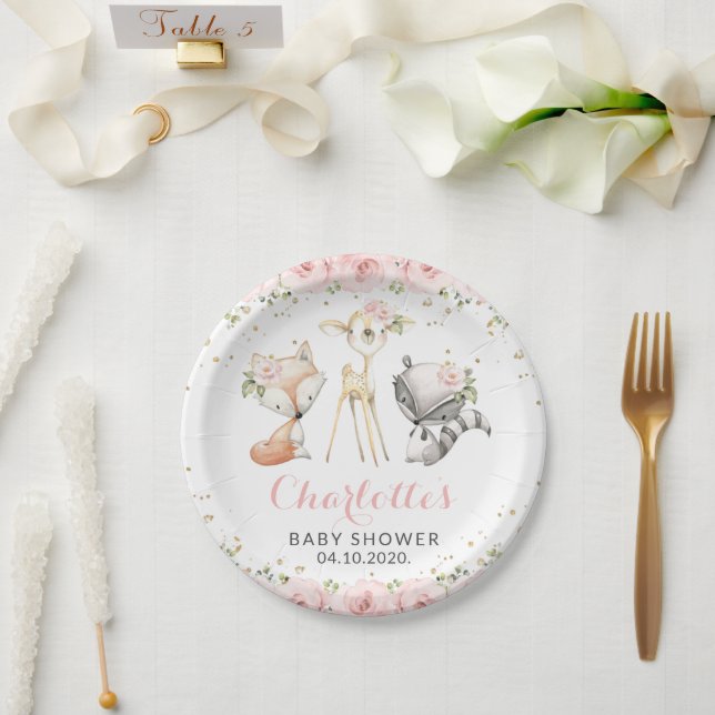 Assiettes En Carton Animaux de forêt, Fleurs roses, Baby shower (Mariage)
