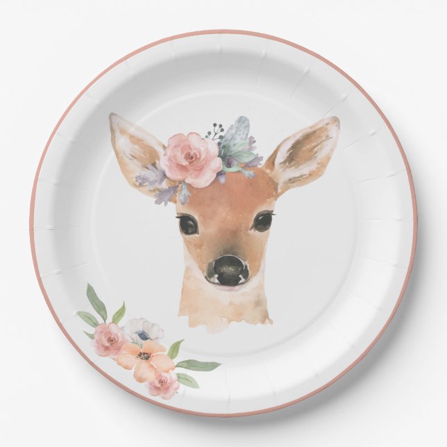 Assiettes En Carton Animaux des bois Cerfs Aquarelle Florale (Devant)
