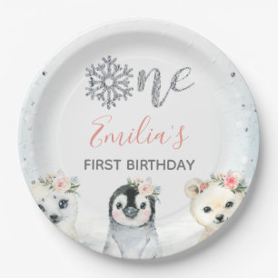 Assiettes En Carton Animaux d'hiver floraux roses 1er Plaque de papier