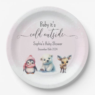 Assiettes En Carton Animaux d'hiver roses Froid à l'extérieur du Baby