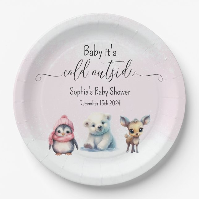 Assiettes En Carton Animaux d'hiver roses Froid à l'extérieur du Baby  (Devant)