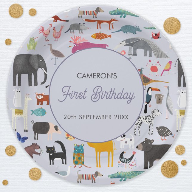 Assiettes En Carton Animaux personnalisés amusants 1er anniversaire (Animal menagerie personalized custom text first 1st birthday party paper plates)