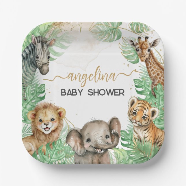 Assiettes En Carton Animaux Safari Baby shower de verdure tropicale (Recto)