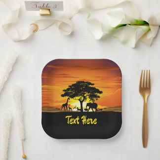 Assiettes En Carton Animaux sauvages sur le coucher de soleil de la sa