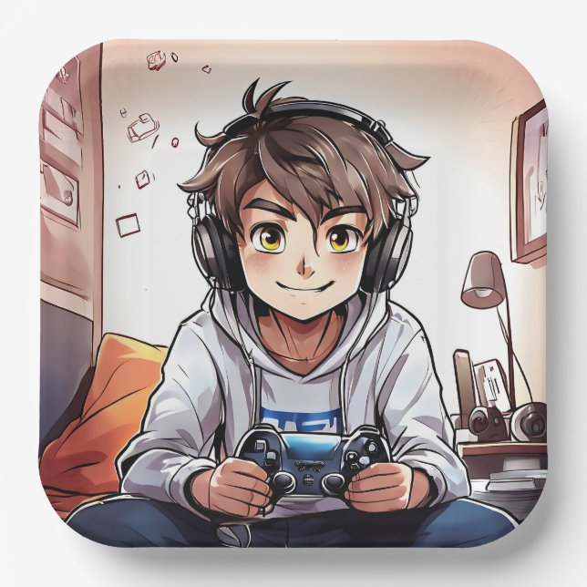 Assiettes En Carton Anime Boy Jouer Jeux Vidéos Anniversaire Fête (Recto)