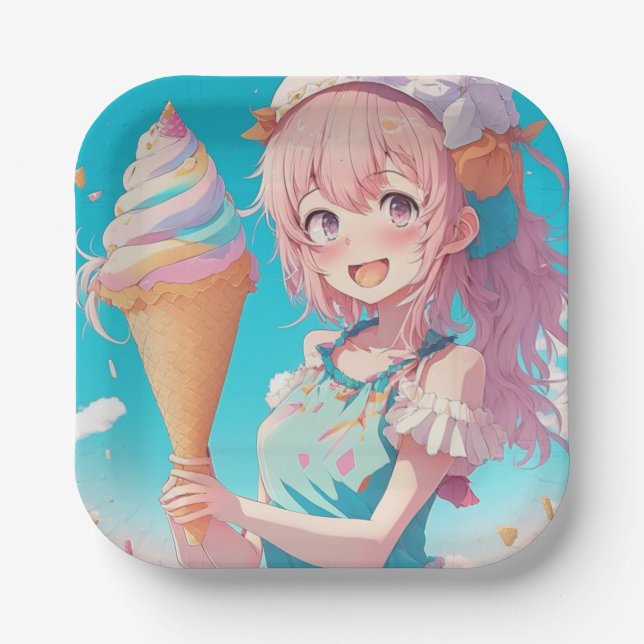 Assiettes En Carton Anime Girl with Whimsical Ice Cream Cone Anniversa (Recto)