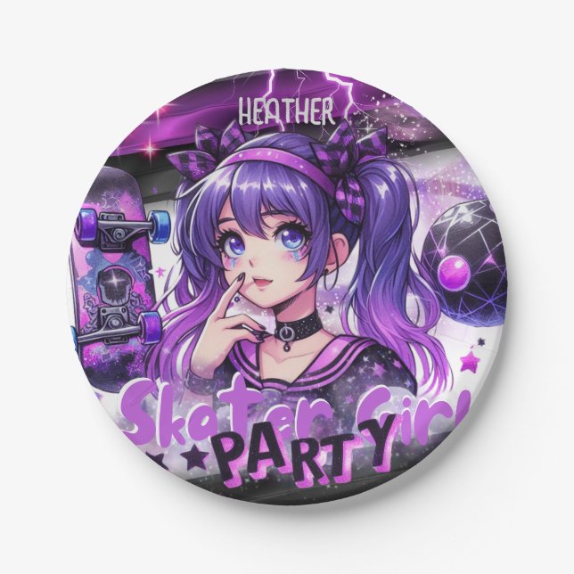 Assiettes En Carton Anime Skater Girl Anniversaire Fête Skateboard (Devant)