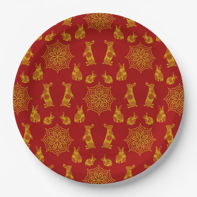 Assiettes En Carton Année du lapin Rouge et or Mandala Motif (Devant)