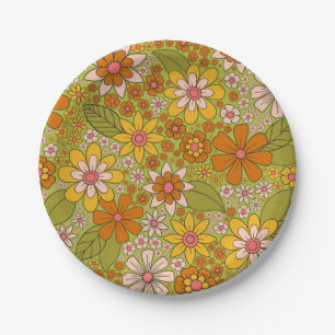 Assiettes En Carton Années 1960, 1970 Vert & Orange Retro Floral