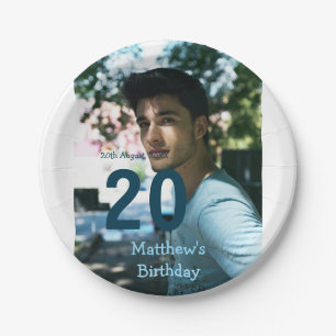 Assiettes En Carton anniversaire 20 ans nom photo date homme bleu blan