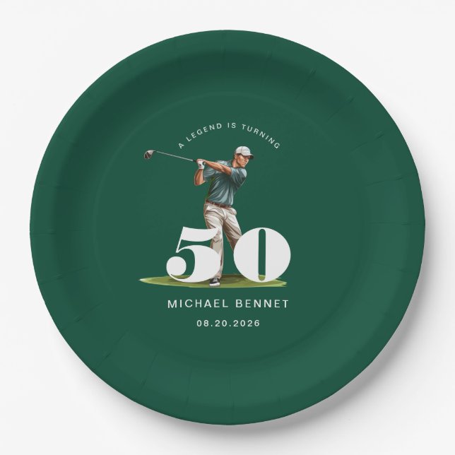 Assiettes En Carton Anniversaire 50 ans de golf vert personnalisé (Devant)