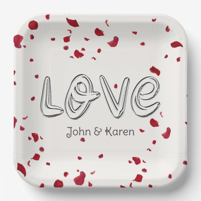 Assiettes En Carton Anniversaire Amour Texte Avec Pétales Roses (Recto)