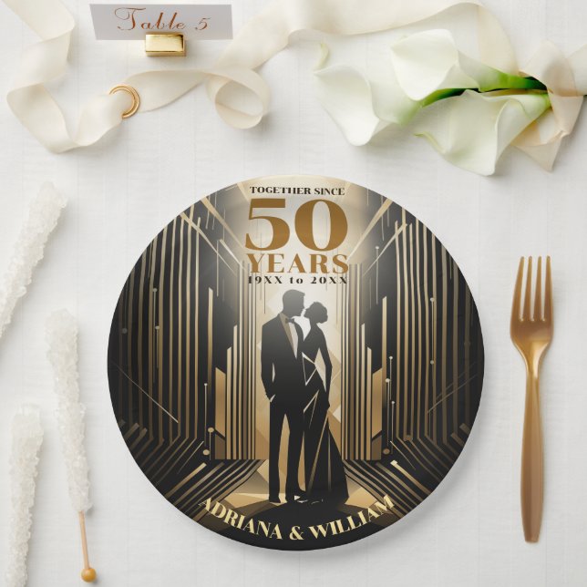 Assiettes En Carton Anniversaire Art Déco Retro Black & Gold Mariage (Mariage)