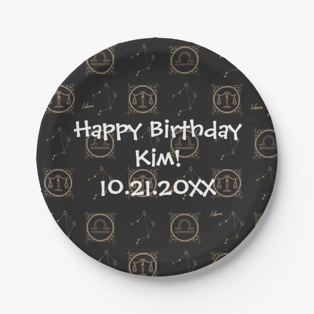 Assiettes En Carton Anniversaire Black & Gold Zodiac Libra Astrologie  (Devant)