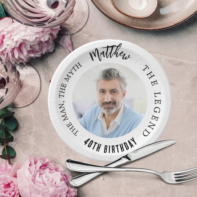 Assiettes En Carton Anniversaire blanc photo homme mythe légende (Créateur téléchargé)