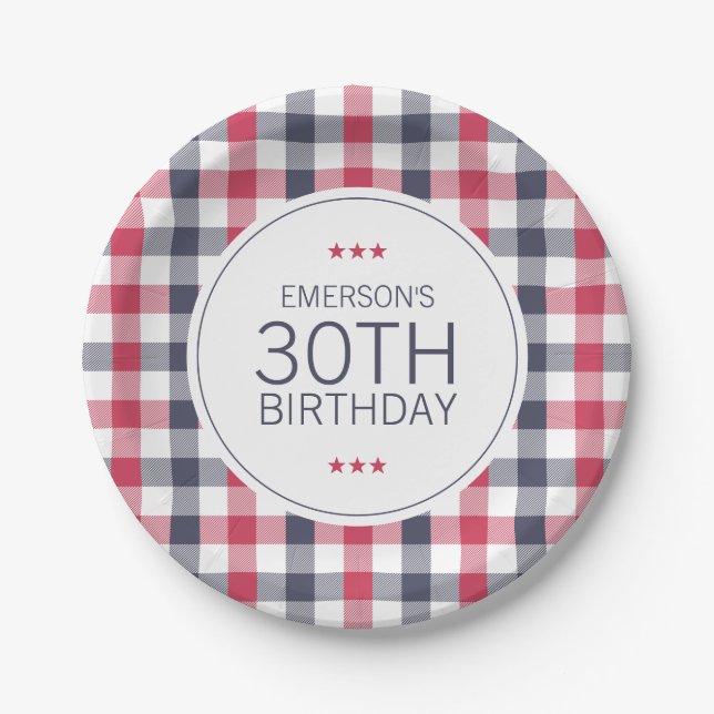 Assiettes En Carton Anniversaire blanc, rouge et bleu préppy (Devant)