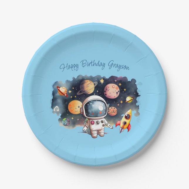 Assiettes En Carton Anniversaire bleu des Planètes extérieures (Devant)