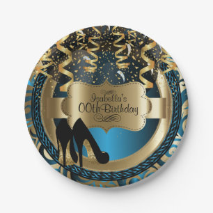Assiettes En Carton Anniversaire Blue Girly avec des talons hauts doré